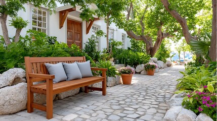 Fototapeta premium Inviting Outdoor Home Gym Area with Weight Bench and Dumbbells Surrounded by Nature