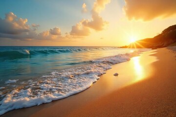 Golden Hour Sunset Beach Tranquil Waves Lap Soft Sand, Creating a Serene Coastal Landscape. Ideal for travel, relaxation, and nature-themed projects.
