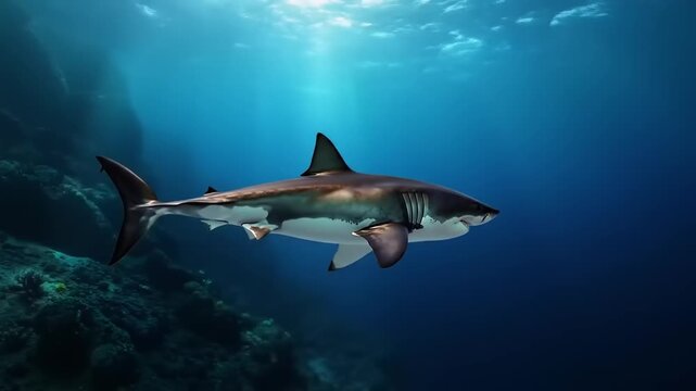 Underwater shot of a great white shark swimming in deep blue ocean water