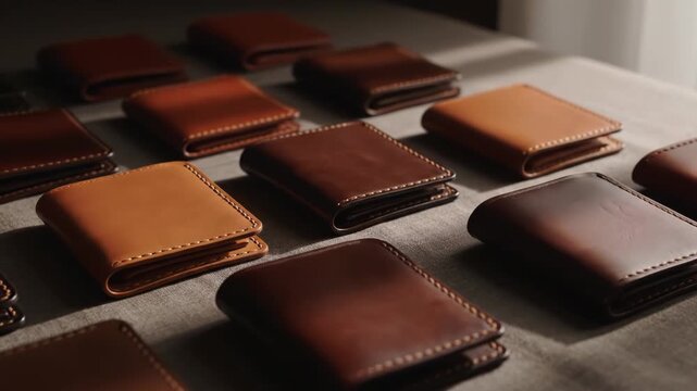 A collection of handcrafted leather wallets displayed on a table, showcasing various shades of brown and meticulous stitching, highlighting the quality and artistry of each piece.