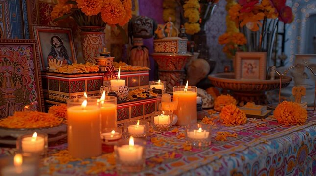Day of the dead altar with candles and marigolds