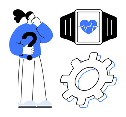 Thoughtful woman holding question mark stands near a smartwatch with heart monitor and gear. Ideal for health tech, innovation, problem-solving, decision-making, fitness, wearable devices, and modern