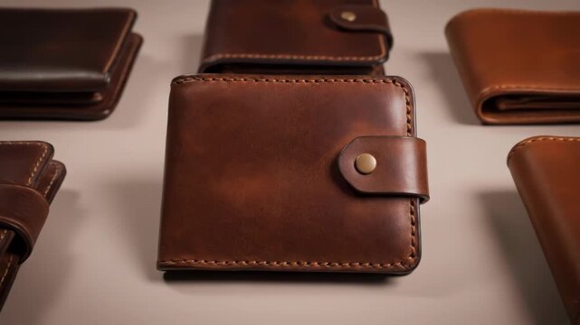 A collection of stylish leather wallets in various shades of brown, showcasing craftsmanship and design.