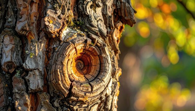 Close Up Of A Textured Tree Trunk With A Knothole In A Sunlit Forest During Autumn With Golden Light And Bokeh Background
