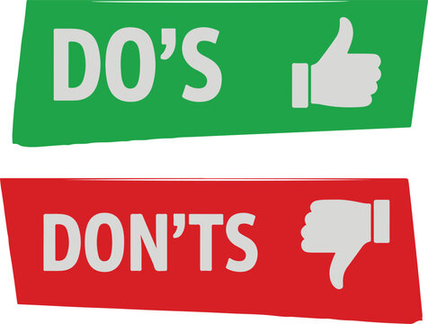 Do's and don'ts signs with thumbs up and thumbs down icons visual guidance vector