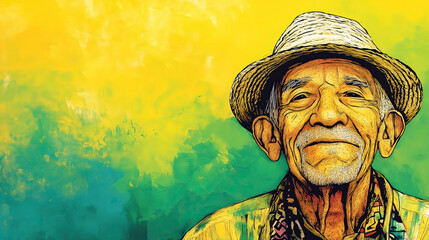 Vibrant Expressionist Portrait of a Cheerful Elderly Man in a Straw Hat