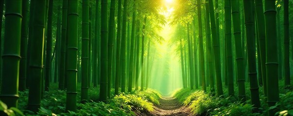Sunlit Bamboo Forest Tunnel Mystical Atmosphere, Lush Greenery, Serene Exploration