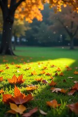 Serene Autumn Rain Peaceful Thanksgiving Scene on Green Lawn with Fallen Leaves
