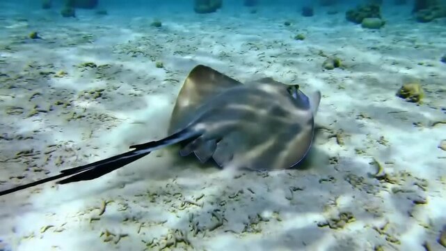 Underwater view of a gray stingray swimming over sandy seabed