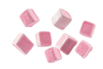Sweet pink marshmallows scattered deliciously on transparent background