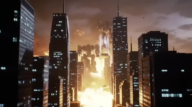Urban landscape destruction cinematic disaster scene with debris and explosion