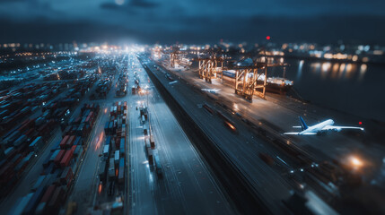 Fototapeta premium Top eyes view Smart Innovation connection cyber security Container truck in ship port for business Logistics transportation of Container Cargo ship Cargo plane with working crane bridge in shipyard