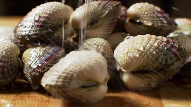 Close-up of fresh, raw clams with water droplets on a wooden surface, showing intricate shell texture