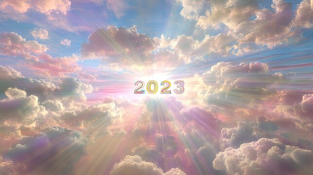 Ethereal Clouds with Radiant Light and Year 2023 at Sunrise