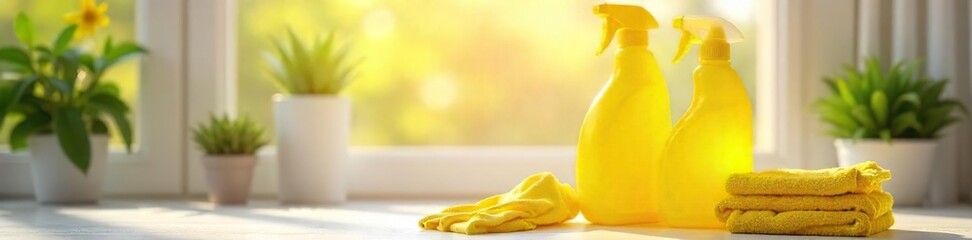 Sunshine Cleaning Supplies Bright Yellow Cleaning Products Gleaming in Sunlight, Ready for Spring Cleaning