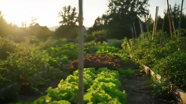 Vegetable garden in sunlight with fresh produce and green foliage