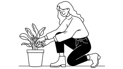 A woman is kneeling down to plant a small plant in a pot