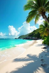 Sun-Kissed Beach Turquoise Waves Gently Lap a Pristine White Sand Shore, Lush Tropical Vegetation Providing a Serene Summer Escape. Perfect for travel, vacation, and summer themed projects.