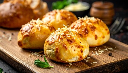 Appetizing close-up of golden-brown baked rolls, topped with grated cheese, presented on a wooden board. Other breads and seasonings visible