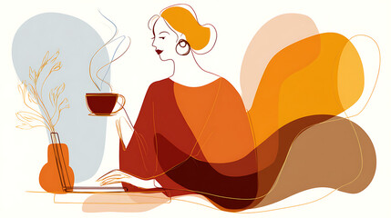 A woman is sitting at a table with a cup of coffee in front of her
