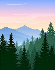 Fototapeta premium An illustration of a layered forest in a gradient, with tall trees, distant mountains, and a pastel-colored sky