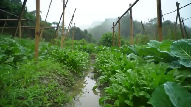 Vegetable garden with lush green plants under rainy conditions