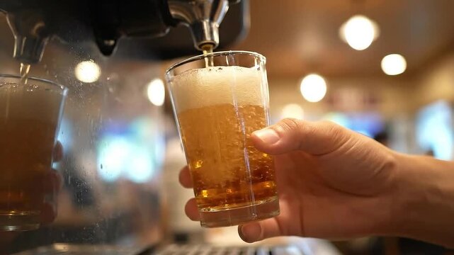 Filling Clear Glass with Golden Beverage From Dispenser at Blurred Restaurant Golden Hues and Textured Liquid Detailed Shot of Refreshing Drink and Hand in Action