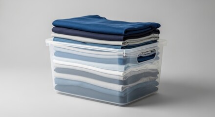 Neatly folded blue, gray, and white garments stacked in and on a clear plastic storage bin, light background