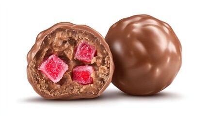 Obraz premium Milk chocolate candy with red fruit chunks, one halved on white