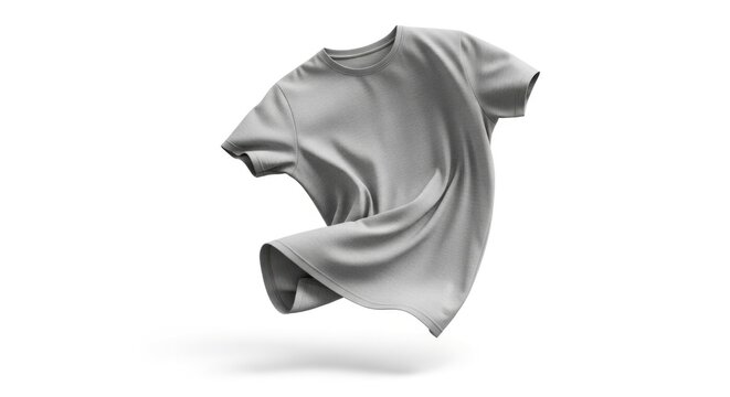 Light gray short-sleeved t-shirt floating gracefully, displaying natural fabric creases against a stark white backdrop