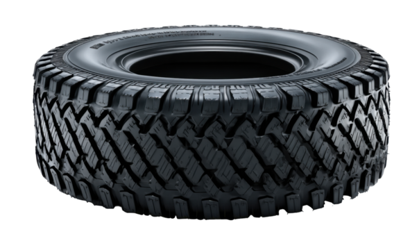 Close-up shot of a black, rugged tire with a deep tread pattern, isolated on white.