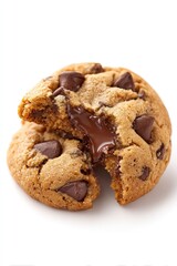 Warm chocolate chip cookie broken to reveal melted chocolate center