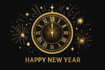Golden clock strikes midnight with fireworks for happy new year celebration