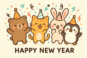 Naklejka premium Cute animals celebrate happy new year with party hats and confetti