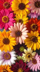 Fototapeta premium Close-up vibrant display of diverse, colorful blossoms, capturing the beauty of various daisy-like blooms