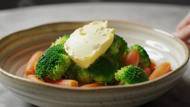 Vegetables in a bowl broccoli and carrots with melting butter