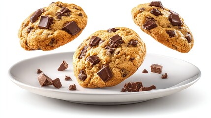 Delicious chocolate chip cookies falling onto a white plate