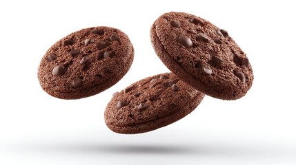 Three delectable chocolate chip cookies falling on a white background