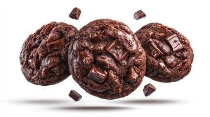 Delicious triple chocolate cookies and chips floating on white