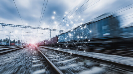 Naklejka premium Top eyes view Smart Innovation connection cyber security Container truck in ship port for business Logistics transportation of Container Cargo ship Cargo plane with working crane bridge in shipyard