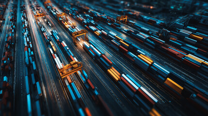 Top eyes view Smart Innovation connection cyber security Container truck in ship port for business Logistics transportation of Container Cargo ship Cargo plane with working crane bridge in shipyard