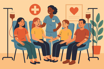 Diverse group of people donating blood with a nurse overseeing