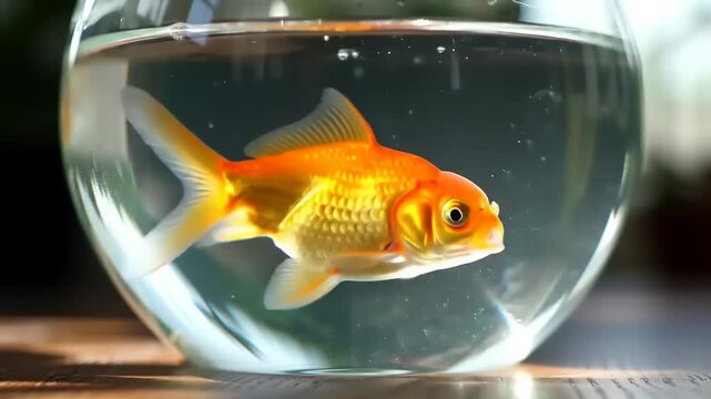 Vibrant goldfish swimming inside a glass bowl underwater closeup