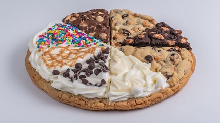 Large dessert cookie with five distinct gourmet topping sections