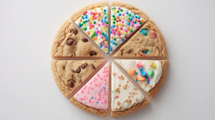 Top view of a large round cookie divided into assorted decorated slices