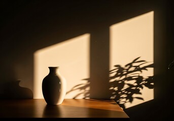 Contrasting light and shadow play, showcasing a simple vase and botanical silhouette