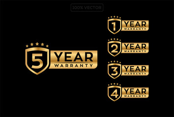 Warranty shield logo  set of one, two, three and five years old warranty with shiny effect in golden color. 1, 2, 3, 5 years warranty logo in shield
