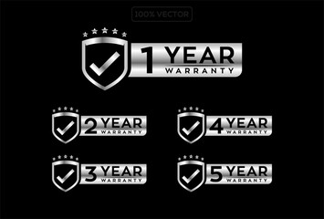 Silver warranty badges showing 1 to 5 years on shield icons with stars and text illustration