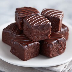 Decadent chocolate fudge brownie bites with glazed topping on white plate