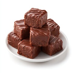 Stack of rich chocolate fudge squares on a white plate
